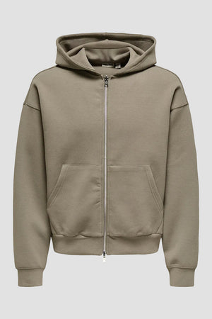 ONLY & SONS Goyle Box Fit Scuba Zip Hoodie Walnut