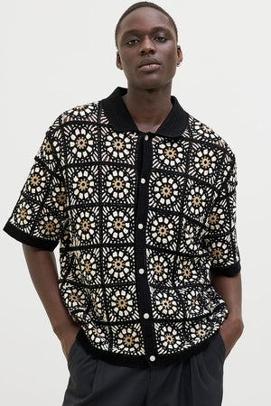 Jack & Jones Cartagena Crochet Knit Polo Black