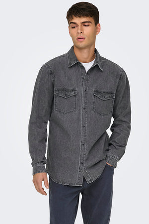 ONLY & SONS Bane Regular Fit Denim Shirt Light Grey Denim