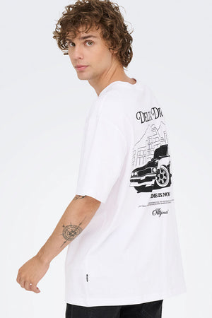 ONLY & SONS Nathan Backprint Relaxed Fit Tee Bright White Delta Drive