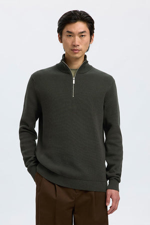 Selected Dane LS Structure Knit Kalf Zip Deep Forest