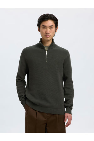 Selected Dane LS Structure Knit Kalf Zip Deep Forest