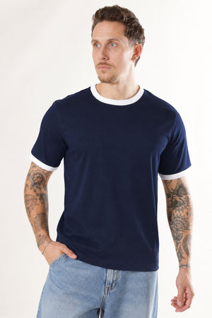 Selected Taj Ringer Mid Peach O-Neck Tee Sky Captain