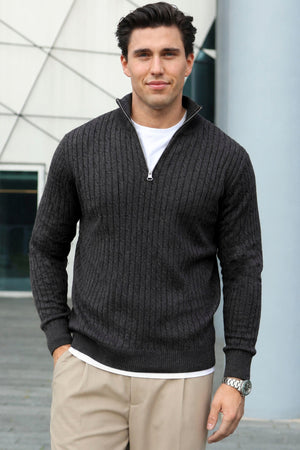 Kronstadt Cable Half Zip Knit Charcoal Mix