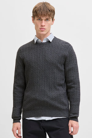 Jack & Jones Emil Knit Cable Crew Neck Dark Grey Melange