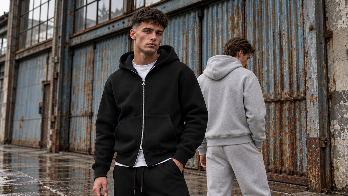 Twee mannen in Jack & Jones Legacy Scuba hoodie en joggingbroek in zwart en lichtgrijs