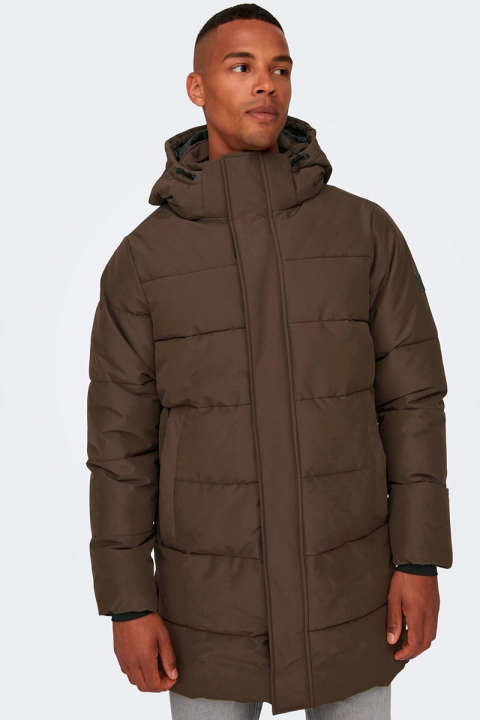 ONLY & SONS Carl Long Quilted Coat Hot Fudge