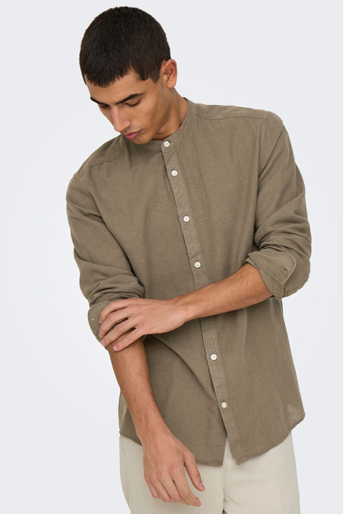 ONLY & SONS Caiden LS Linen Mao Shirt Fossil