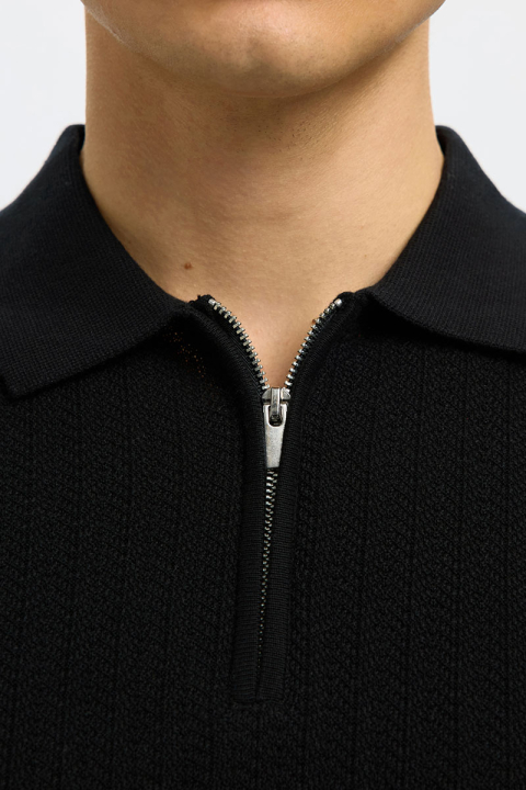 Selected Cran SS Structure Half Zip Knit Polo Black